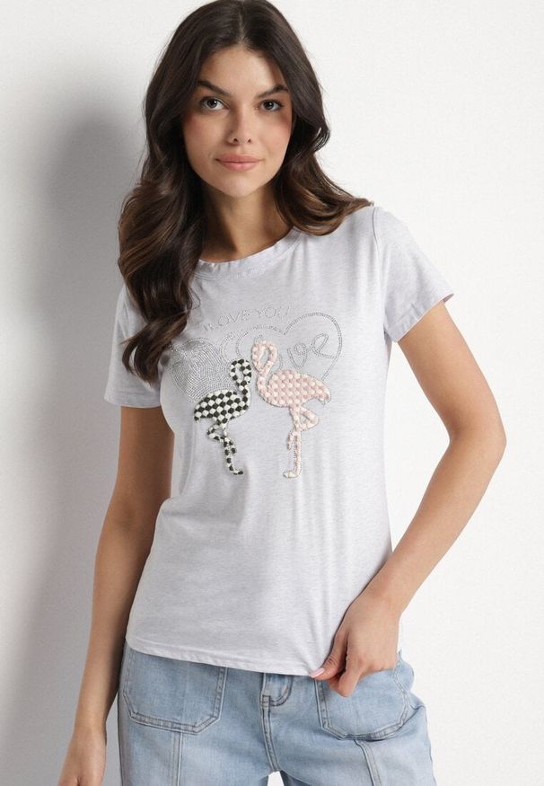 Born2be - Jasnoszary T-shirt z Bawełny z Cyrkoniami i Nadrukiem Listebia. Okazja: na co dzień. Kolor: szary. Materiał: bawełna. Wzór: nadruk. Styl: klasyczny, casual