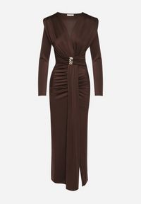 Born2be - Brązowa Elegancka Sukienka z Trenem i Rozcięciem Atissa. Okazja: na imprezę. Kolor: brązowy. Wzór: aplikacja. Styl: elegancki #7