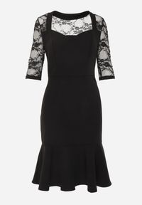 Renee - Czarna Sukienka VICES o Taliowanym Kroju z Rękawami z Koronki Metirei. Kolor: czarny. Materiał: koronka. Wzór: koronka. Styl: elegancki #2