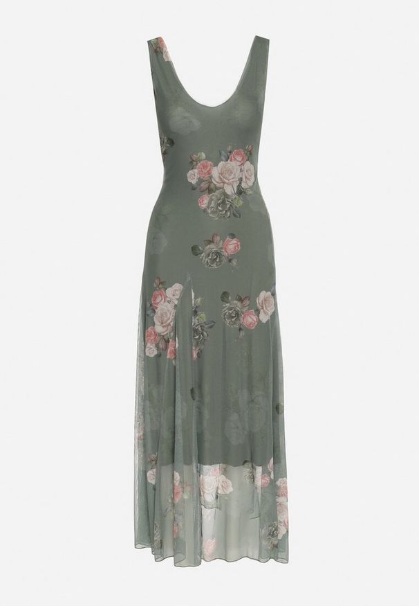 Born2be - Ciemnozielona Siateczkowa Sukienka z Kwiatowym Motywem Milanessa. Okazja: na co dzień. Kolor: zielony. Materiał: jeans. Wzór: kwiaty. Typ sukienki: proste. Styl: casual, elegancki