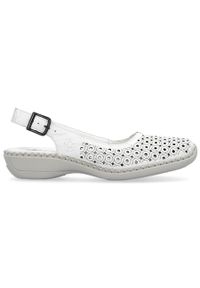 Skórzane komfortowe sandały damskie pełne ażurowe białe Rieker 41350-80. Kolor: biały. Materiał: skóra. Wzór: ażurowy