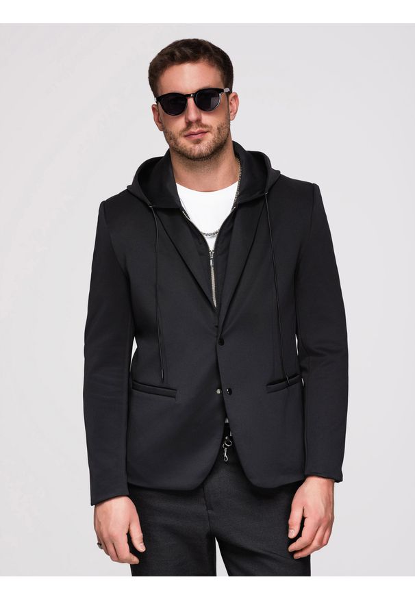 Ombre Clothing - Marynarka męska z kapturem z aplikacją smoka na plecach - czarna V1 - Rozmiar: XL. Okazja: na co dzień. Typ kołnierza: kaptur. Kolor: czarny. Materiał: jeans, materiał, skóra, poliester, elastan, dzianina. Wzór: aplikacja. Styl: casual