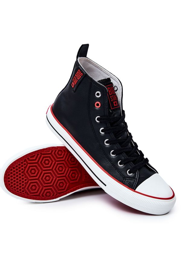 Big-Star - Męskie Wysokie Skórzane Trampki Big Star JJ174070 Czarne. Kolor: czarny. Materiał: skóra. Szerokość cholewki: normalna