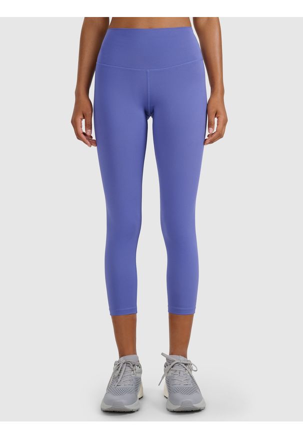 4f - 4F Legginsy treningowe 7/8 z wysokim stanem damskie - granatowe L. Stan: podwyższony. Kolor: niebieski. Materiał: włókno, elastan, dzianina, materiał, poliester. Wzór: gładki, ze splotem. Sport: fitness