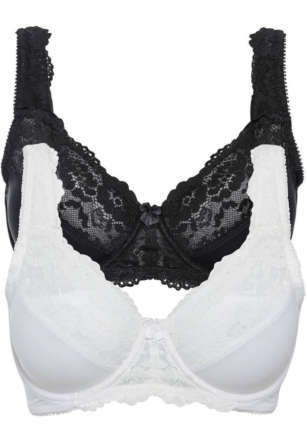 bonprix - Biustonosz minimizer z wyściełanymi ramiączkami (2 szt.). Kolor: czarny. Materiał: koronka. Rodzaj stanika: wyściełane miseczki, różne sposoby noszenia. Wzór: koronka