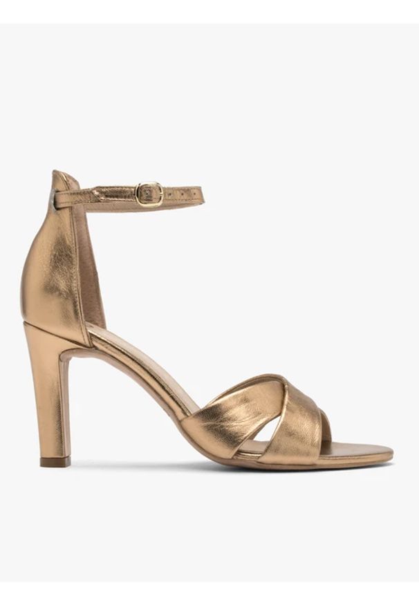 Ryłko - Złote sandały na obcasie. Kolor: złoty. Materiał: skóra. Obcas: na obcasie. Styl: street. Wysokość obcasa: średni
