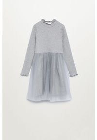 Mango Kids - Sukienka dziecięca BOSTON. Typ kołnierza: kołnierzyk stójkowy. Kolor: szary. Materiał: tkanina, bawełna, materiał, elastan. Długość rękawa: długi rękaw. Wzór: gładki. Typ sukienki: rozkloszowane. Długość: mini #1