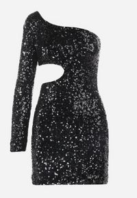 Born2be - Czarna Asymetryczna Sukienka z Wycięciem i Cekinami Devi. Okazja: na imprezę, na karnawał. Kolor: czarny. Typ sukienki: asymetryczne. Długość: mini #3