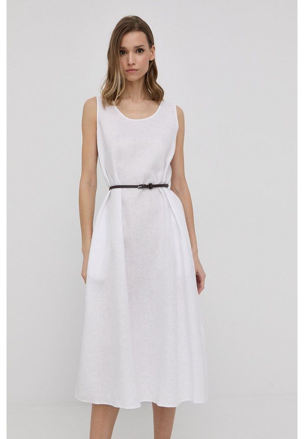 Max Mara Leisure sukienka lniana kolor biały midi rozkloszowana. Kolor: biały. Materiał: len. Wzór: gładki. Typ sukienki: rozkloszowane. Długość: midi