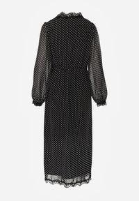 Renee - Czarna Sukienka w Kropki Ozdobiona Koronką i Przezroczystymi Rękawami Neanirae. Typ kołnierza: dekolt w kształcie V. Kolor: czarny. Materiał: koronka. Wzór: aplikacja, kropki, koronka. Sezon: wiosna. Styl: klasyczny #7