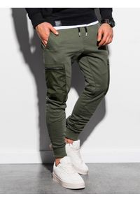 Ombre Clothing - Spodnie męskie dresowe joggery P917 - khaki - XXL. Kolor: brązowy. Materiał: dresówka. Wzór: gładki #4