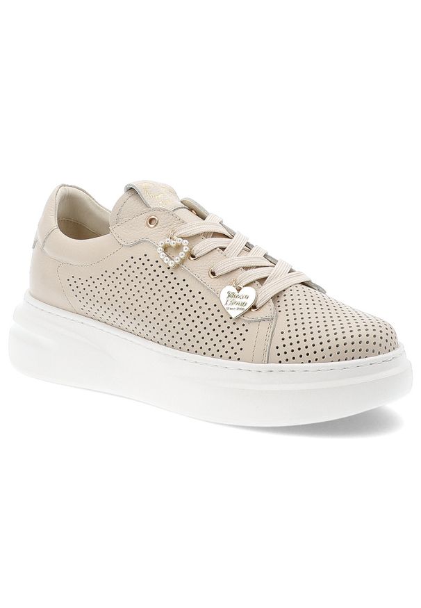 CheBello - Beżowe Sneakersy Chebello Stylowe Obuwie Damskie. Okazja: na co dzień. Zapięcie: sznurówki. Kolor: beżowy. Materiał: skóra. Szerokość cholewki: normalna. Sport: turystyka piesza