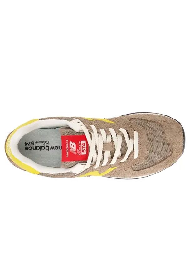 New Balance U574BYW Sneakersy męskie. Okazja: na co dzień. Kolor: beżowy. Materiał: zamsz, guma. Szerokość cholewki: normalna. Sezon: lato. Model: New Balance 574