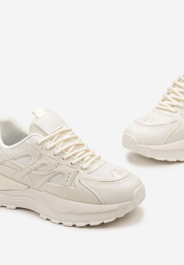 Renee - Beżowe Sznurowane Sneakersy na Grubej Podeszwie z Ozdobnymi Wstawkami Ilira. Okazja: na co dzień. Zapięcie: sznurówki. Kolor: beżowy. Materiał: bawełna, jeans. Sport: turystyka piesza