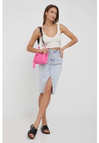 Calvin Klein Jeans top damski kolor beżowy. Kolor: beżowy. Materiał: materiał, lycra. Długość rękawa: na ramiączkach. Wzór: aplikacja