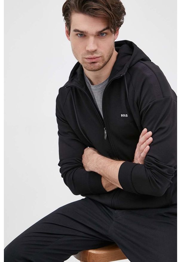 BOSS bluza BOSS ATHLEISURE męska kolor czarny z kapturem gładka. Okazja: na co dzień. Typ kołnierza: kaptur. Kolor: czarny. Materiał: dzianina. Wzór: gładki. Styl: casual