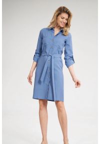 Sukienki.shop - Koszulowa sukienka szmizjerka z rękawem 3/4 niebieska. Okazja: na uczelnię, do pracy, na imprezę. Kolor: niebieski. Typ sukienki: szmizjerki, koszulowe #1