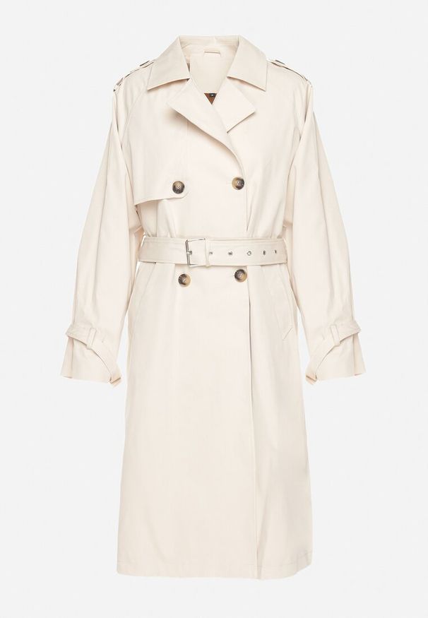 Born2be - Jasnobeżowy Płaszcz Dwurzędowy Trencz Ozdobiony Paskiem i Pagonami Malwissa. Okazja: na co dzień. Kolor: beżowy. Materiał: jeans. Wzór: aplikacja. Sezon: jesień, wiosna. Styl: elegancki, casual