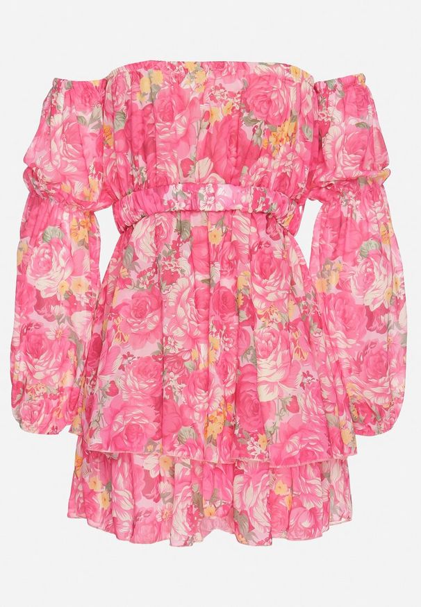 Born2be - Fuksjowa Wiskozowa Sukienka Hiszpanka z Falbanami i Paskiem w Kwiaty Virmoi. Okazja: na spacer, na co dzień. Typ kołnierza: dekolt hiszpanka. Kolor: różowy. Materiał: wiskoza. Wzór: kwiaty. Typ sukienki: proste. Styl: casual