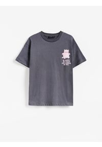 Reserved - T-shirt z nadrukiem Pembe the Pink Cat - ciemnoszary. Kolor: szary. Materiał: bawełna. Wzór: nadruk #1