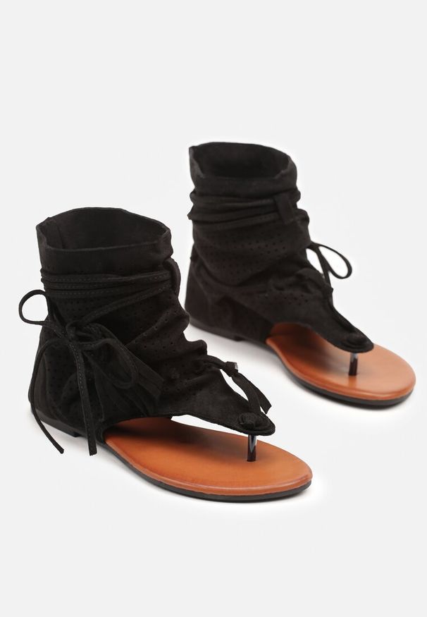 Renee - Czarne Klapki Botki w Stylu Japonek z Wiązaniem Ciaralene. Okazja: na co dzień. Kolor: czarny. Sezon: lato. Styl: casual