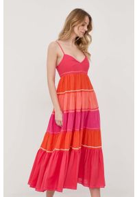 TwinSet - Twinset sukienka kolor różowy maxi rozkloszowana. Kolor: różowy. Materiał: tkanina. Długość rękawa: na ramiączkach. Długość: maxi