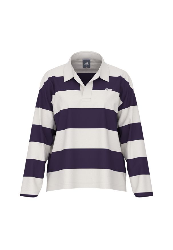 Koszulka damska New Balance WT53522BOY – granatowa. Kolor: beżowy. Materiał: materiał, bawełna. Długość rękawa: długi rękaw. Wzór: paski