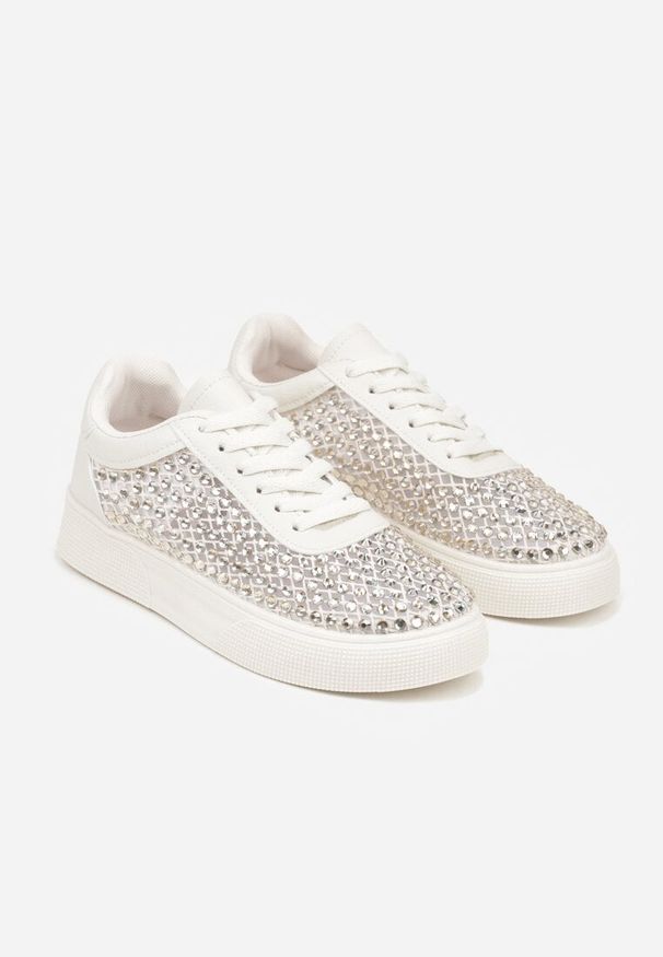 Renee - Beżowe Cyrkoniowe Sneakersy na Platformie Lilaela. Okazja: na co dzień. Kolor: beżowy. Materiał: jeans. Obcas: na platformie