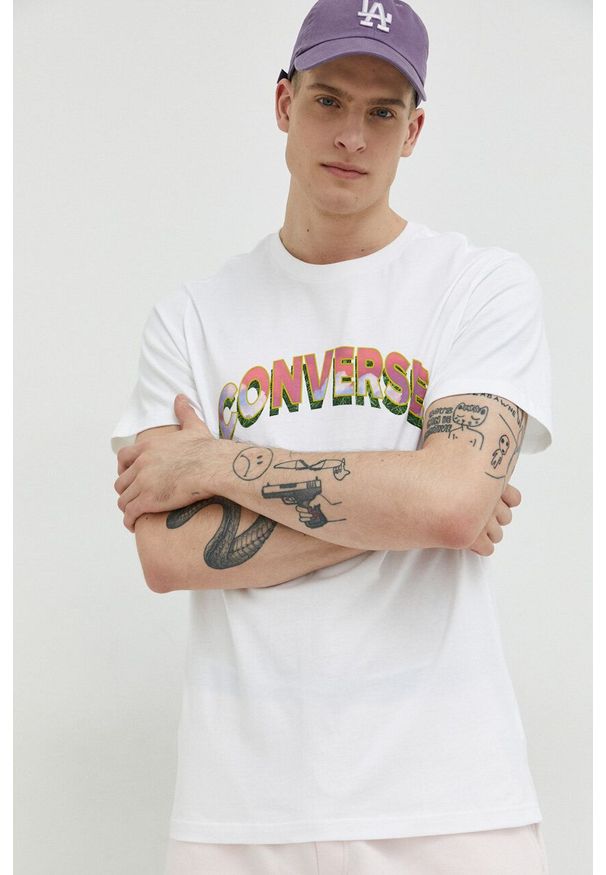 Converse t-shirt bawełniany kolor biały z nadrukiem. Kolor: biały. Materiał: bawełna. Wzór: nadruk