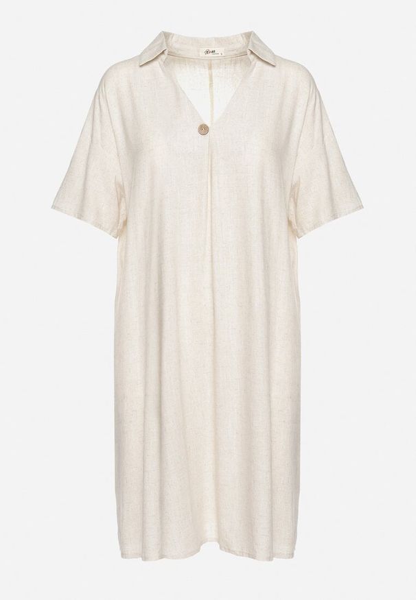 Born2be - Beżowa Pudełkowa Sukienka z Bawełny z Podwijanymi Rękawami Carinea. Okazja: do pracy, na co dzień, na spotkanie biznesowe. Typ kołnierza: dekolt w serek. Kolor: beżowy. Materiał: bawełna. Styl: klasyczny, casual, elegancki, biznesowy