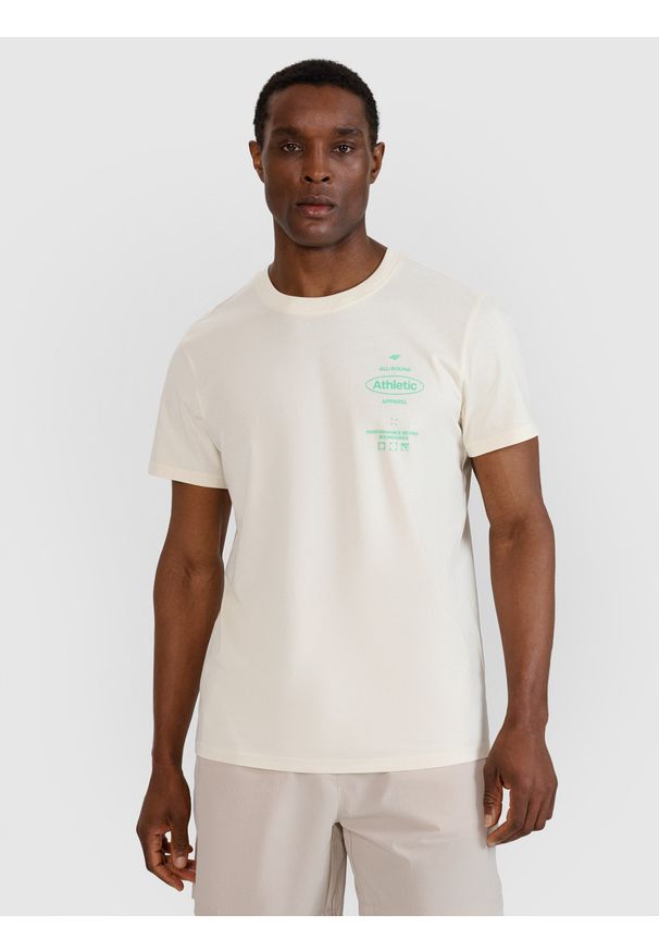 4f - 4F T-shirt regular z nadrukiem męski - biały M. Okazja: na co dzień. Kolor: biały. Materiał: dzianina, jersey, bawełna. Długość rękawa: krótki rękaw. Długość: krótkie. Wzór: nadruk. Styl: casual, klasyczny, sportowy