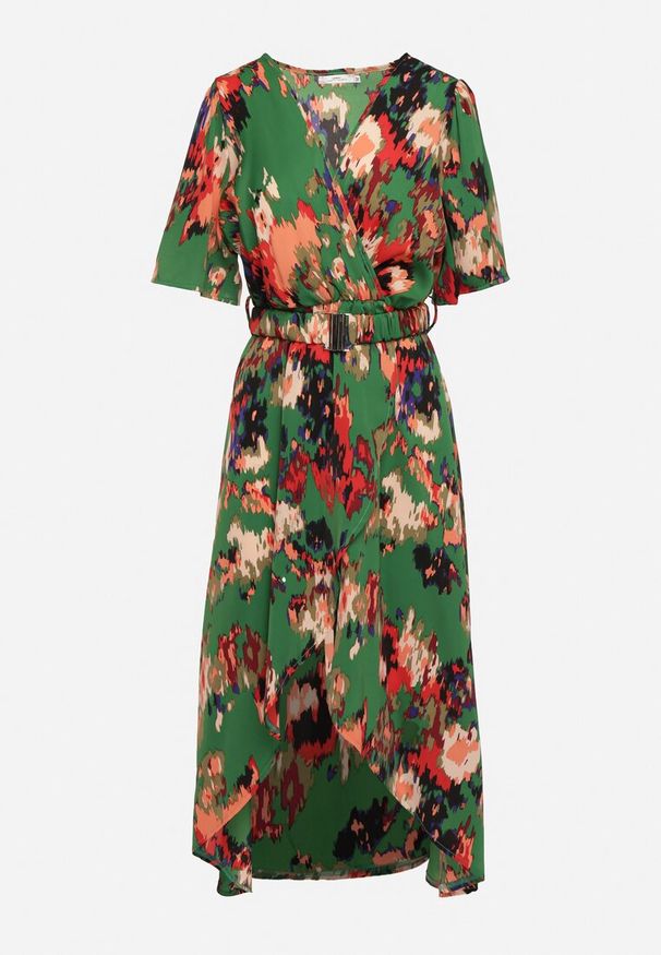 Born2be - Zielono-Czerwona Sukienka z Kopertowym Dekoltem i Asymetrycznym Dołem z Gumką w Talii Coralen. Okazja: na co dzień. Kolor: zielony. Typ sukienki: kopertowe, asymetryczne. Styl: casual, elegancki