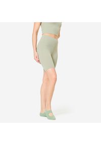 DOMYOS - Legginsy fitness damskie Domyos krótkie. Stan: podwyższony. Kolor: zielony. Materiał: poliamid, materiał, elastan. Długość: krótkie. Sport: fitness