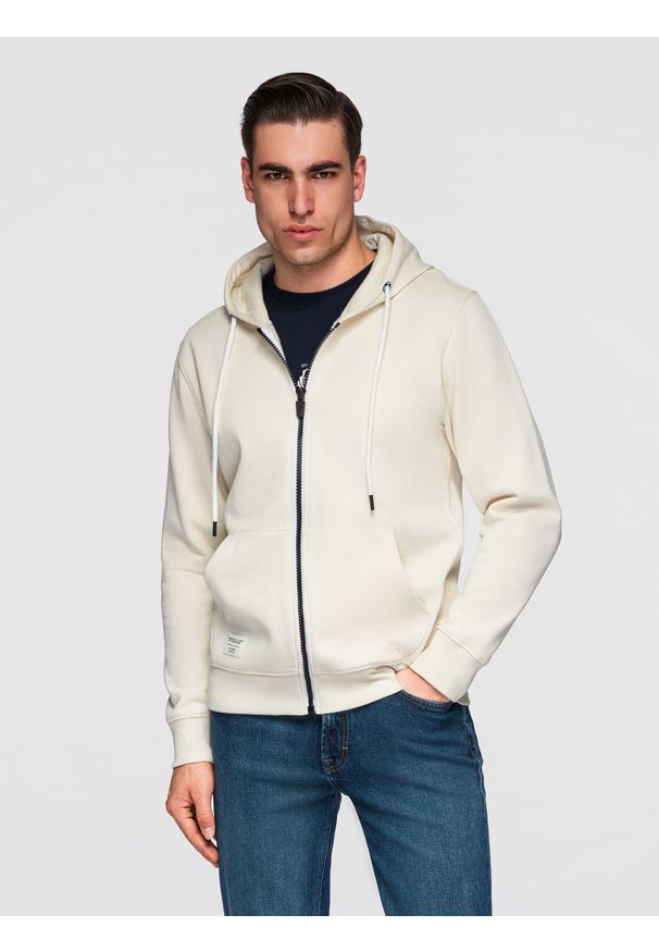 Ombre Clothing - Męska bawełniana bluza dresowa BASIC rozpinana z kapturem - kremowa V11 - Rozmiar: L. Okazja: na co dzień, na spacer, do pracy. Typ kołnierza: kaptur. Kolor: kremowy. Materiał: dresówka, bawełna. Wzór: jednolity, gładki, aplikacja. Styl: casual