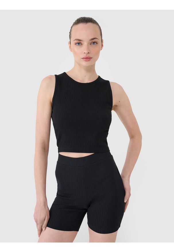 4f - 4F Crop top dzianinowy damski - czarny XL. Kolor: czarny. Materiał: dzianina. Długość rękawa: na ramiączkach. Wzór: jednolity, prążki