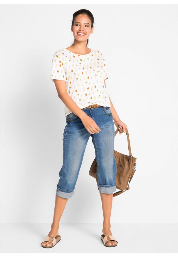 bonprix - Dżinsy rybaczki Slim Fit, mid waist, bawełna. Kolor: niebieski