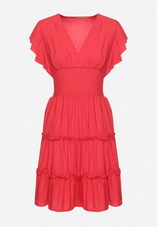 Born2be - Czerwona Gładka Sukienka Mini Taliowana z Falbankami Wokół Ramion Zynnas. Typ kołnierza: kołnierz z falbankami. Kolor: czerwony. Wzór: gładki. Sezon: lato. Długość: mini