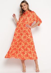 Born2be - Pomarańczowa Sukienka Maxi w Kwiatowy Wzór z Koszulową Górą Lithaia. Kolor: pomarańczowy. Długość rękawa: długi rękaw. Wzór: kwiaty. Sezon: wiosna, lato. Typ sukienki: koszulowe. Długość: maxi #1