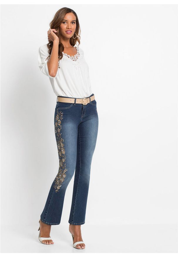 Dżinsy BOOTCUT z haftem bonprix niebieski "stone used". Kolor: niebieski. Wzór: haft