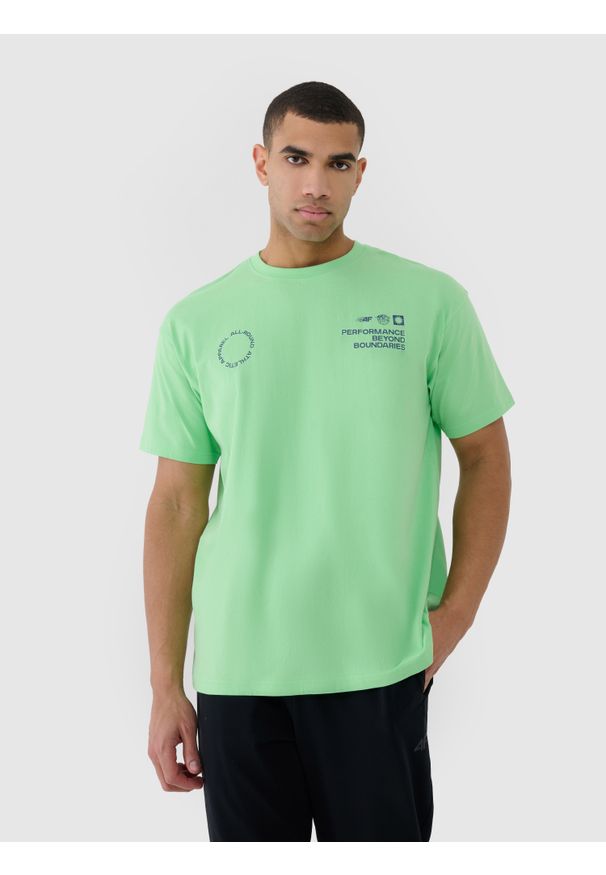4f - 4F T-shirt oversize z nadrukiem męski - zielony 3XL. Okazja: na co dzień. Kolor: zielony. Materiał: dzianina, bawełna, jersey, materiał, skóra. Długość rękawa: krótki rękaw. Długość: krótkie. Wzór: nadruk. Styl: klasyczny, sportowy, casual