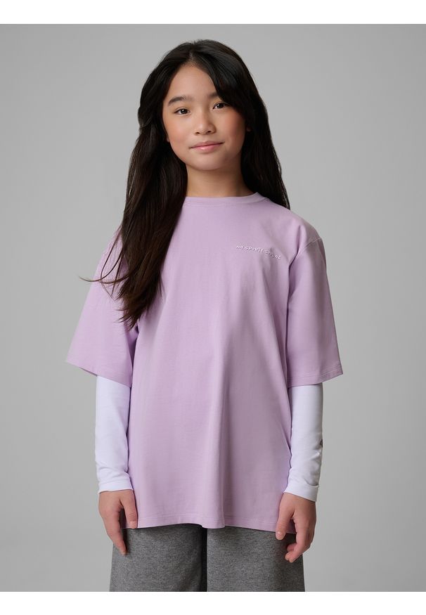 4f - 4F T-shirt loose z nadrukiem dziewczęcy - fioletowy 158/164 (12-14 lat). Okazja: na uczelnię, na co dzień, na spacer. Kolor: fioletowy. Materiał: materiał, bawełna, skóra, dzianina. Wzór: nadruk. Sezon: lato. Styl: casual