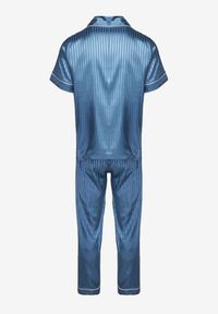 Renee - Niebieski Komplet Piżamowy Satynowy Koszula z Krótkim Rękawem Długie Spodnie Rivaellia. Kolor: niebieski. Materiał: satyna. Długość: krótkie