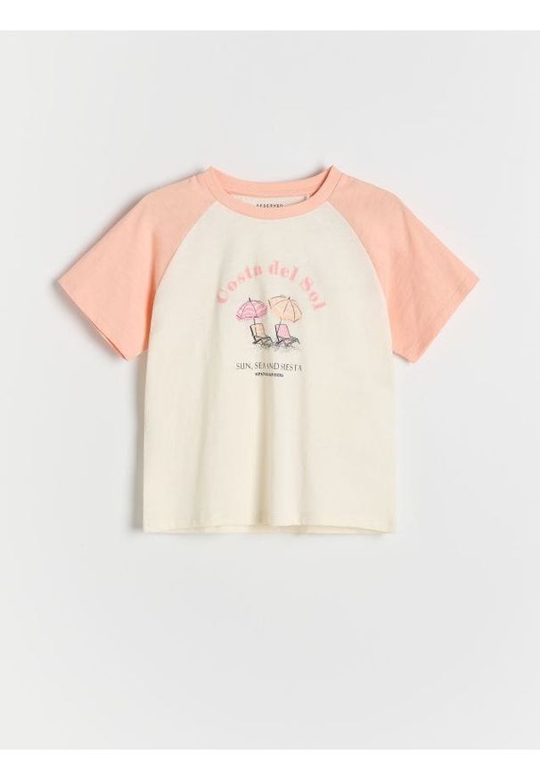 Reserved - Bawełniany t-shirt z nadrukiem - brzoskwiniowy. Kolor: pomarańczowy. Materiał: bawełna. Wzór: nadruk