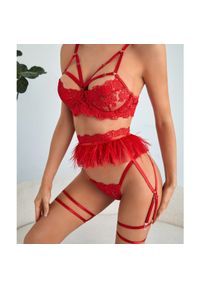Intica - Komplet bielizny z koronką i piórkami elegancki Gitza. Kolor: czerwony. Materiał: koronka. Wzór: koronka #1