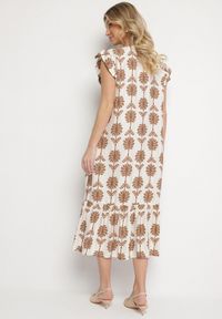 Born2be - Biało-Beżowa Kwiatowa Sukienka z Bawełną i Falbanką Efanelia. Okazja: na spacer, na imprezę. Typ kołnierza: dekolt w serek. Kolor: beżowy. Materiał: bawełna. Wzór: kwiaty. Sezon: wiosna, lato. Typ sukienki: proste. Styl: elegancki #5