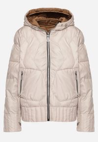 Born2be - Beżowa Dwustronna Kurtka Pikowana z Kieszeniami i Kapturem Eralethra. Okazja: na co dzień, na spacer. Kolor: beżowy. Materiał: jeans. Długość rękawa: długi rękaw. Długość: długie. Wzór: aplikacja. Styl: casual, elegancki #2