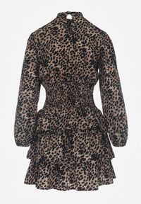 Renee - Brązowa Mini Sukienka o Rozkloszowanym Fasonie w Cętki z Falbankami Gerttera. Okazja: na co dzień. Typ kołnierza: kołnierz z falbankami. Kolor: brązowy. Długość rękawa: na ramiączkach. Styl: casual, klasyczny. Długość: mini #7