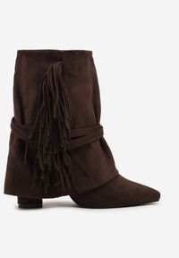 Renee - Brązowe Botki Boho z Cholewką Imitującą Nogawkę i Frędzlami Zaslie. Okazja: na imprezę, na co dzień. Kolor: brązowy. Materiał: jeans, skóra. Szerokość cholewki: normalna. Obcas: na obcasie. Styl: boho. Wysokość obcasa: średni #3