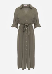 Renee - Zielona Koszulowa Sukienka z Bawełny z Wiązanym Paskiem i Podpinanymi Rękawami Cesela. Okazja: na co dzień. Kolor: zielony. Materiał: bawełna. Typ sukienki: koszulowe. Styl: boho, casual #7