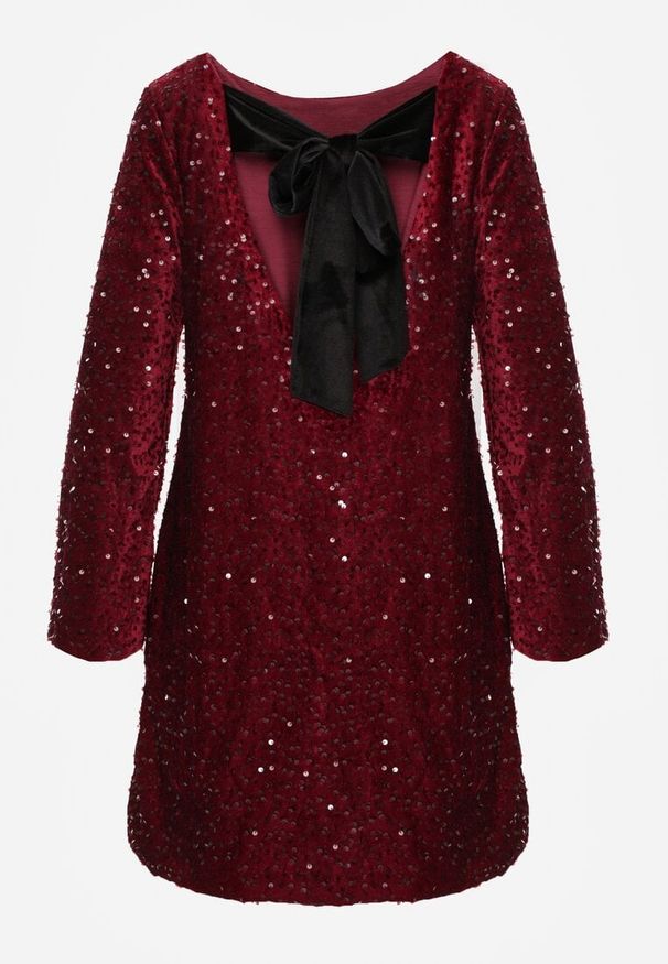 Born2be - Czerwona Cekinowa Sukienka z Odkrytymi Plecami i Wiązaniem Diadina. Kolor: czerwony. Materiał: elastan, wiskoza, futro. Wzór: aplikacja. Styl: elegancki, wizytowy